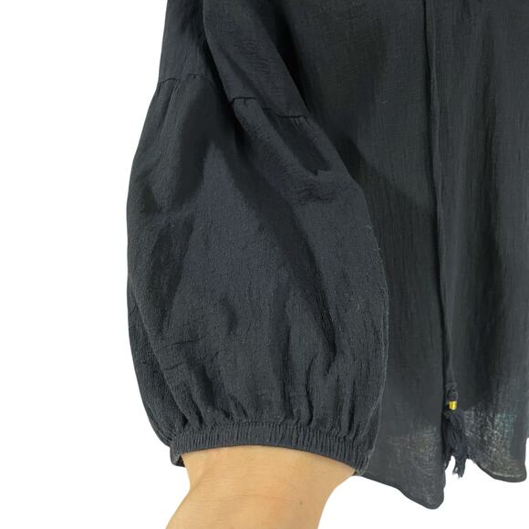 JOHNNY WAS Calme Black Gauze Cotton Tassel 3/4-Sleeve Peasant Blouse Size M - Picture 4 of 8